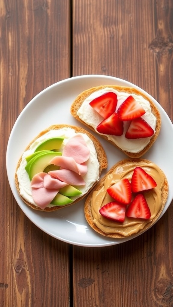 Toppings for Cloud Bread Cloud bread topped with cream cheese, avocado, turkey, peanut butter, and strawberries on a rustic plate.